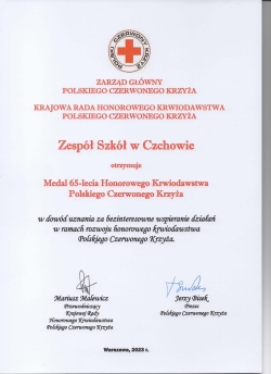 dyplom dla ZS w Czchowie
